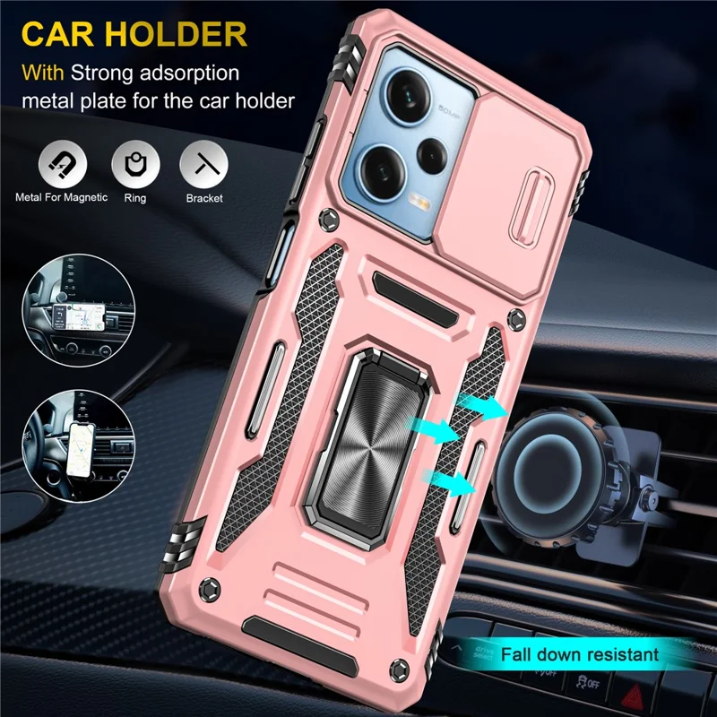 Série Armure pour Xiaomi Poco X5 Pro 5G / Redmi Note 12 Pro Speed 5G / Note 12 Pro 5G Couvercle de lentille coulissante Étui de téléphone avec support - Or rose