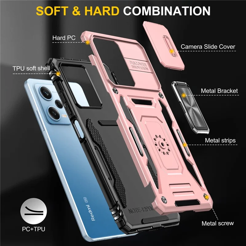 Série Armure pour Xiaomi Poco X5 Pro 5G / Redmi Note 12 Pro Speed 5G / Note 12 Pro 5G Couvercle de lentille coulissante Étui de téléphone avec support - Or rose
