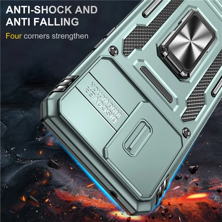 Per Oppo Reno7 4G Armor Series Drop-proof PC+TPU Cover Kickstand Phone Case con Slide Lens Lid - Verde