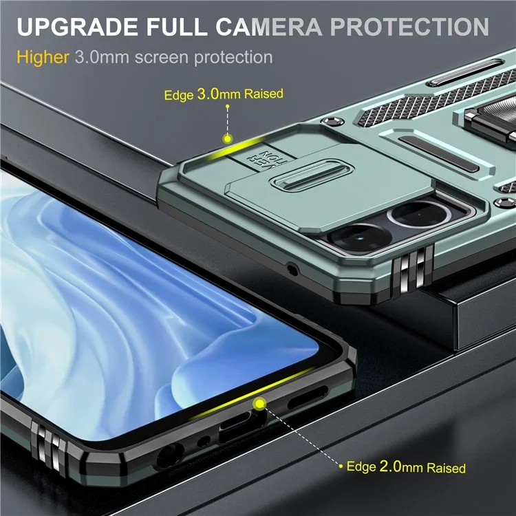 Per Oppo Reno7 4G Armor Series Drop-proof PC+TPU Cover Kickstand Phone Case con Slide Lens Lid - Verde