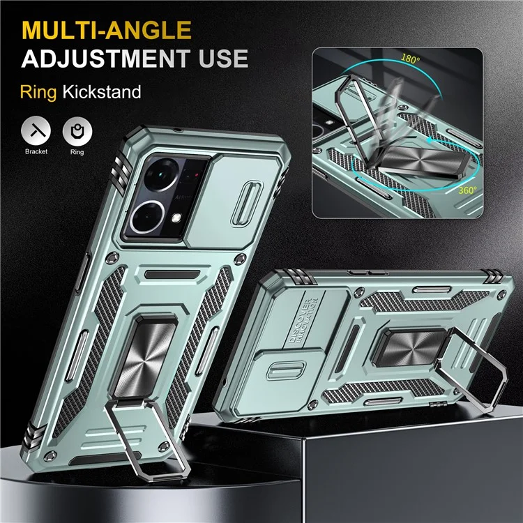 Per Oppo Reno7 4G Armor Series Drop-proof PC+TPU Cover Kickstand Phone Case con Slide Lens Lid - Verde