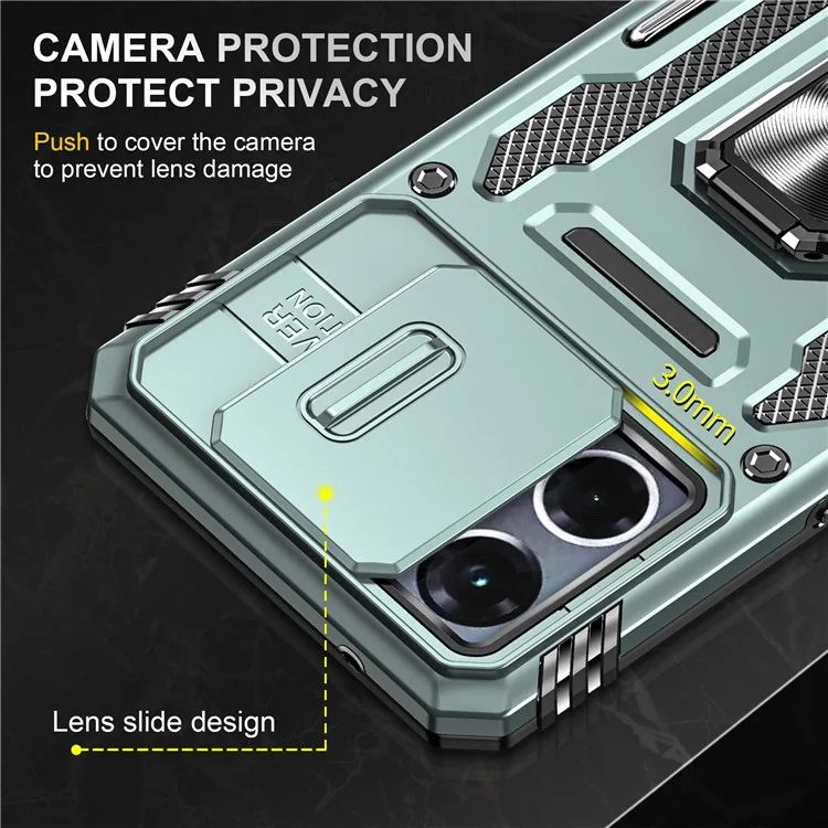 Per Oppo Reno7 4G Armor Series Drop-proof PC+TPU Cover Kickstand Phone Case con Slide Lens Lid - Verde