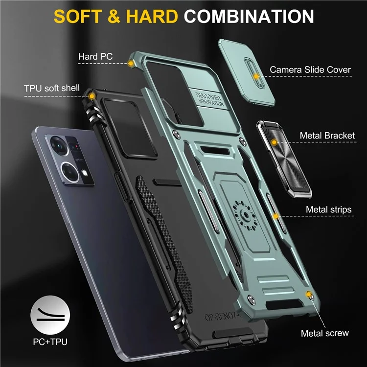 Per Oppo Reno7 4G Armor Series Drop-proof PC+TPU Cover Kickstand Phone Case con Slide Lens Lid - Verde