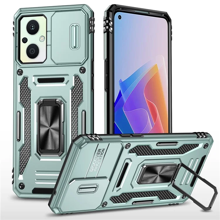 Armor-Serie für Oppo Reno7 Lite 5G Slide Lens Lid Phone Case Metal Kickstand PC+TPU Cover - Grün