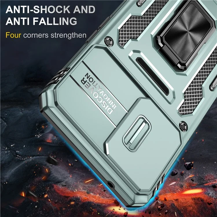 Armor-Serie für Oppo Reno7 Lite 5G Slide Lens Lid Phone Case Metal Kickstand PC+TPU Cover - Grün