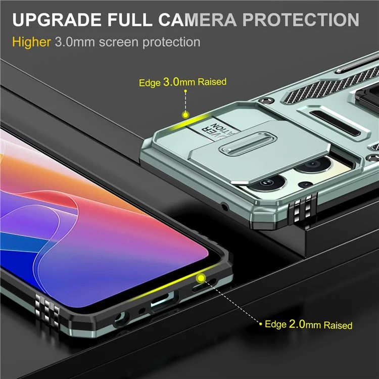 Armor-Serie für Oppo Reno7 Lite 5G Slide Lens Lid Phone Case Metal Kickstand PC+TPU Cover - Grün