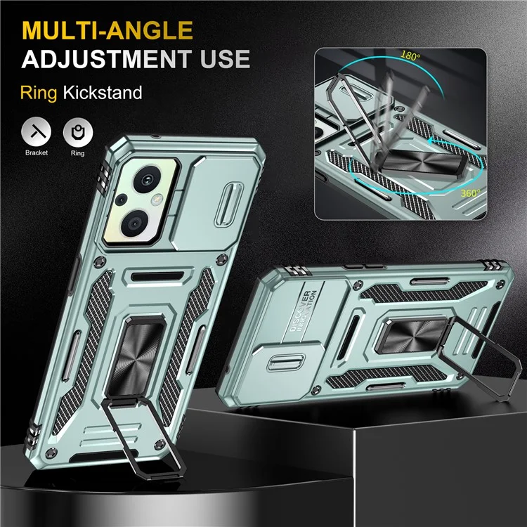 Armor-Serie für Oppo Reno7 Lite 5G Slide Lens Lid Phone Case Metal Kickstand PC+TPU Cover - Grün