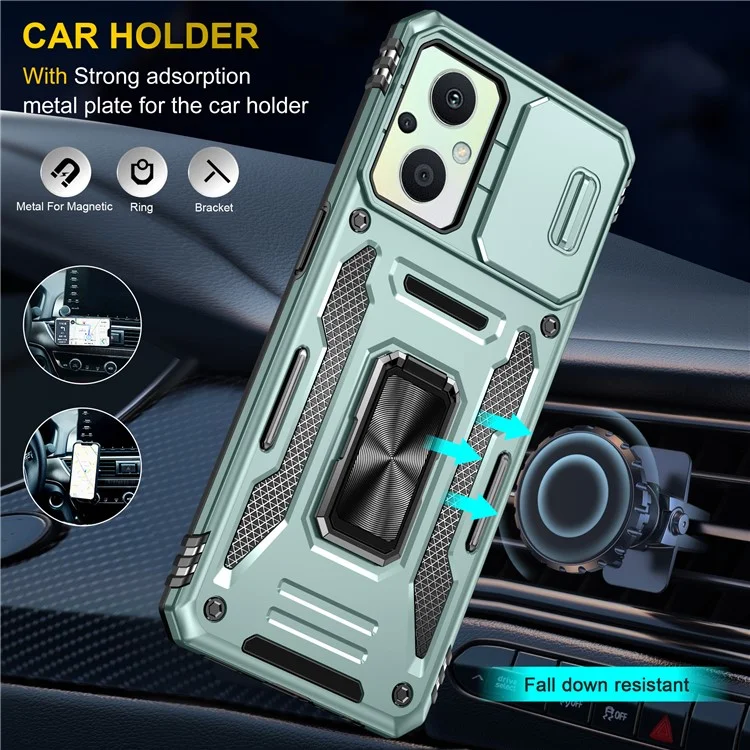 Armor-Serie für Oppo Reno7 Lite 5G Slide Lens Lid Phone Case Metal Kickstand PC+TPU Cover - Grün