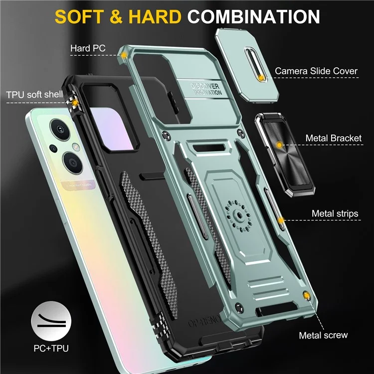Armor-Serie für Oppo Reno7 Lite 5G Slide Lens Lid Phone Case Metal Kickstand PC+TPU Cover - Grün