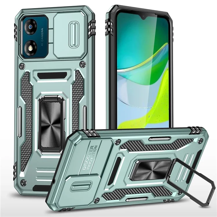 Série Armor para Motorola Moto E13 4G Slide Lens Shield Anti-queda Capa com Suporte Metálico PC+TPU - Verde