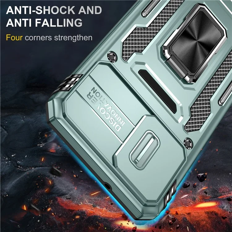 Série Armor para Motorola Moto E13 4G Slide Lens Shield Anti-queda Capa com Suporte Metálico PC+TPU - Verde