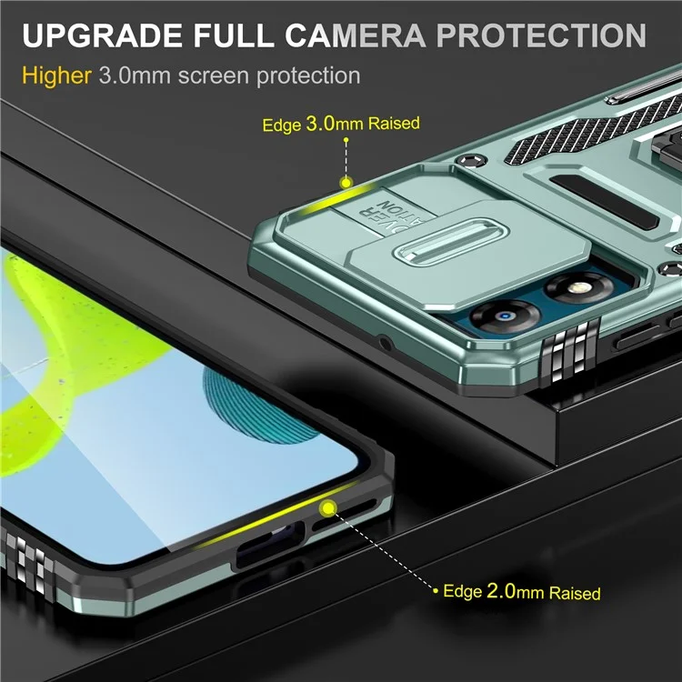 Série Armor para Motorola Moto E13 4G Slide Lens Shield Anti-queda Capa com Suporte Metálico PC+TPU - Verde