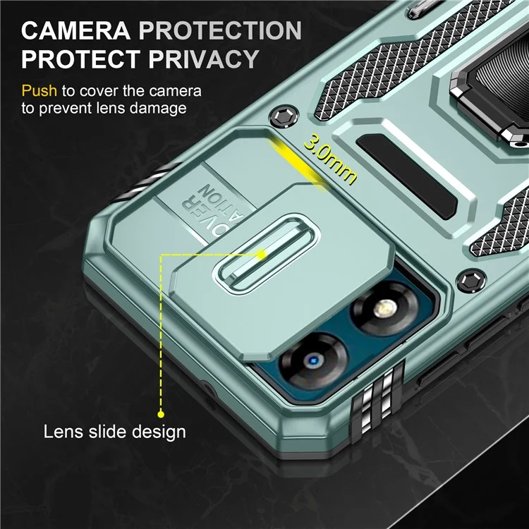 Série Armor para Motorola Moto E13 4G Slide Lens Shield Anti-queda Capa com Suporte Metálico PC+TPU - Verde