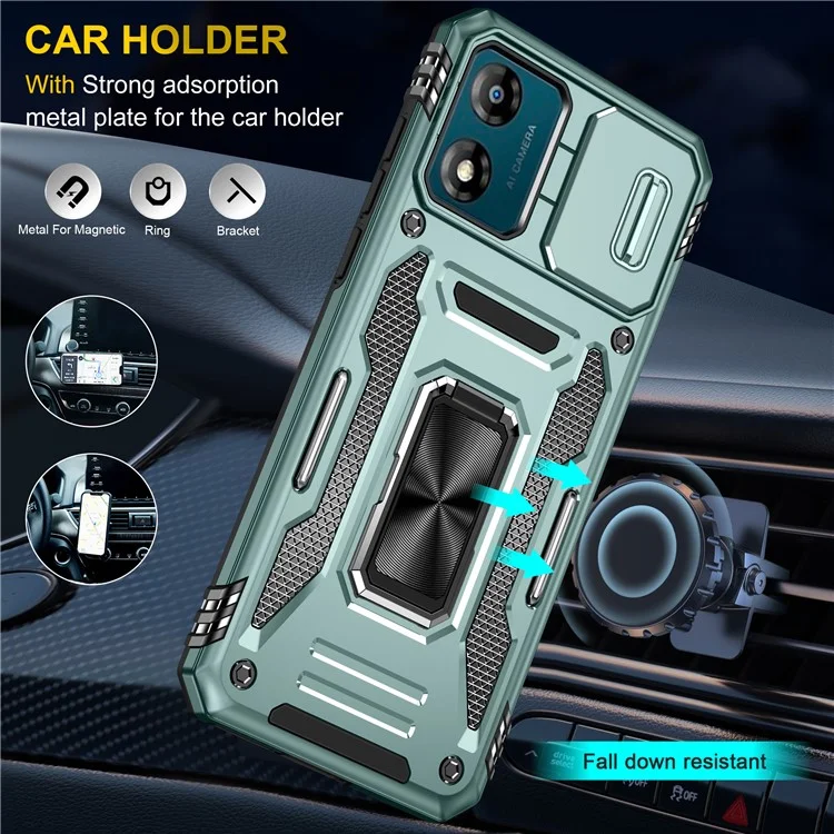 Série Armor para Motorola Moto E13 4G Slide Lens Shield Anti-queda Capa com Suporte Metálico PC+TPU - Verde