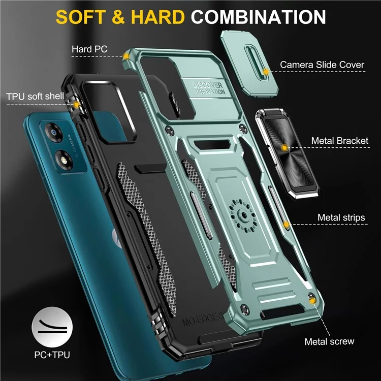 Série Armor para Motorola Moto E13 4G Slide Lens Shield Anti-queda Capa com Suporte Metálico PC+TPU - Verde