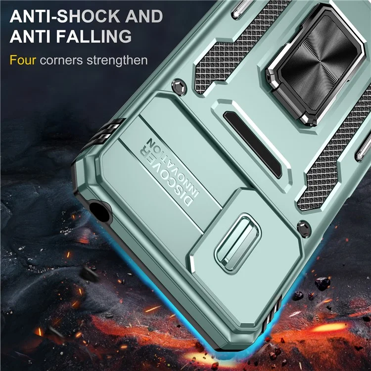 Per Motorola Moto E22 4G Armor Series PC+TPU Cover Slide Lens Lid Phone Case con Supporto - Verde