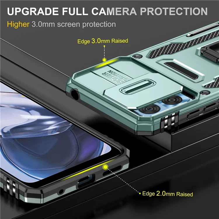 Per Motorola Moto E22 4G Armor Series PC+TPU Cover Slide Lens Lid Phone Case con Supporto - Verde