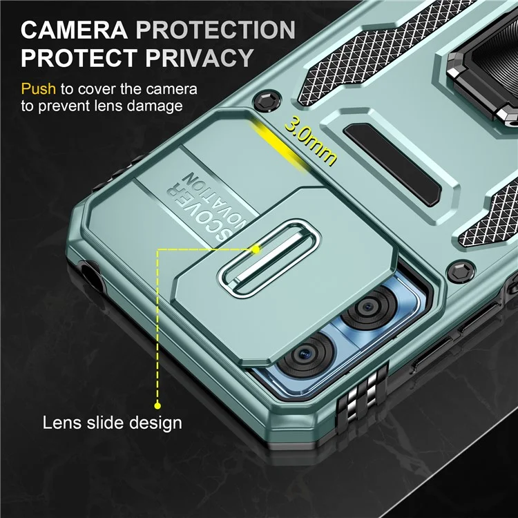 Per Motorola Moto E22 4G Armor Series PC+TPU Cover Slide Lens Lid Phone Case con Supporto - Verde