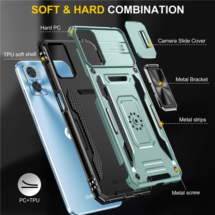 Per Motorola Moto E22 4G Armor Series PC+TPU Cover Slide Lens Lid Phone Case con Supporto - Verde