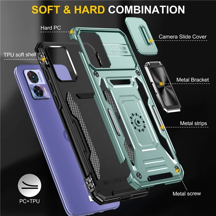 Série D'armures Pour Motorola Edge 30 Neo 5G Kickstand Téléphone Couverture de la Diapositive Shield pc + Tpu Anti-drop Case - Vert