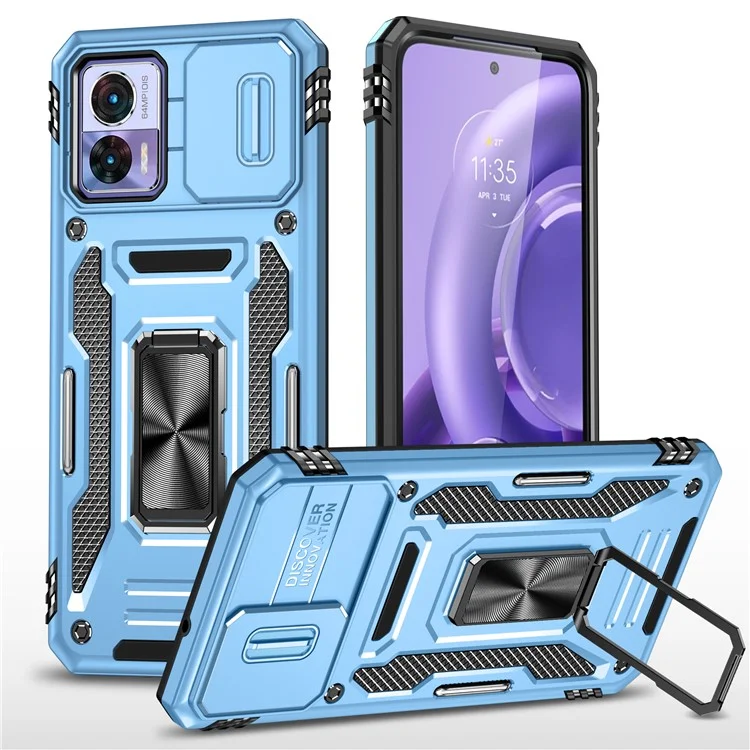 Serie Armor per Motorola Edge 30 Neo 5G Custodia con supporto per telefono Slide Lens Shield PC+TPU Anti-caduta - Blu chiaro