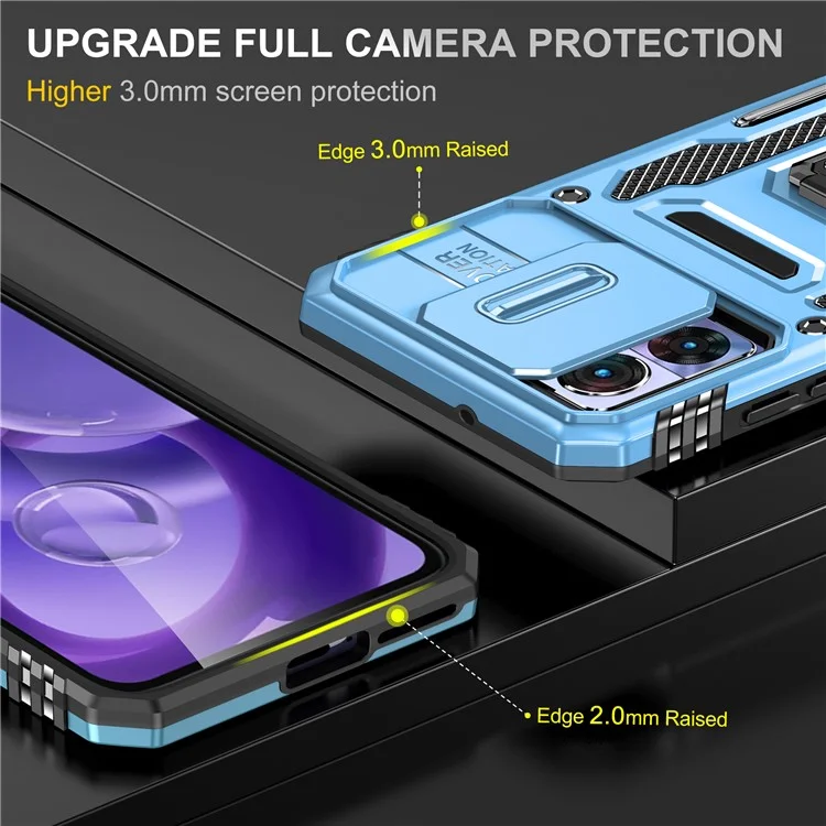 Serie Armor per Motorola Edge 30 Neo 5G Custodia con supporto per telefono Slide Lens Shield PC+TPU Anti-caduta - Blu chiaro