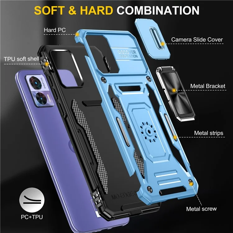 Serie Armor per Motorola Edge 30 Neo 5G Custodia con supporto per telefono Slide Lens Shield PC+TPU Anti-caduta - Blu chiaro