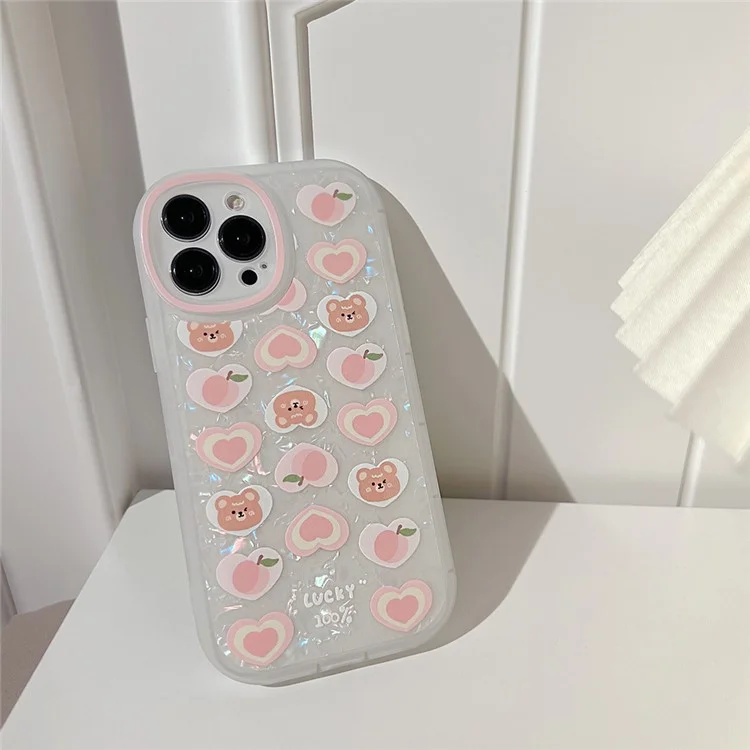 Phone Cover for iPhone 12 Pro , Peach Heart Bear Pattern Decor Phone Shell TPU Phone Case with Pearl Chain