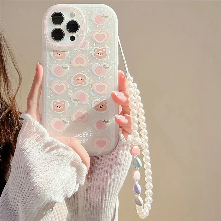 For iPhone 13 Pro Dustproof TPU Phone Cover Cute Peach Bear Pattern Decor Phone Shell Case with Pearl Chain