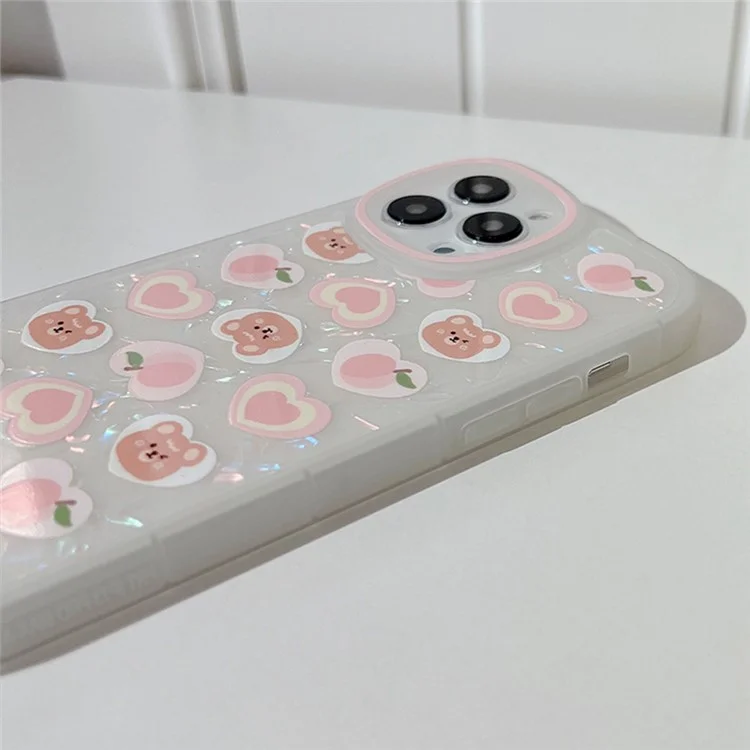 For iPhone 13 Pro Dustproof TPU Phone Cover Cute Peach Bear Pattern Decor Phone Shell Case with Pearl Chain
