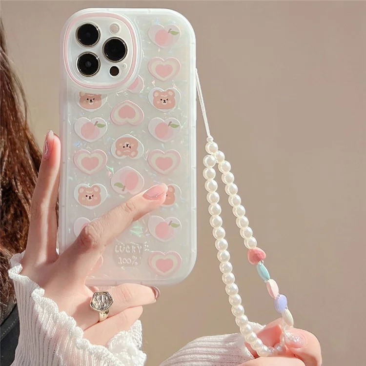 For iPhone 13 Pro Dustproof TPU Phone Cover Cute Peach Bear Pattern Decor Phone Shell Case with Pearl Chain