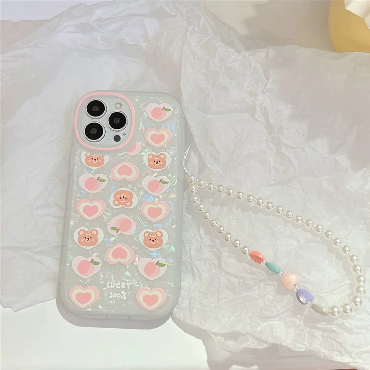 For iPhone 13 Pro Dustproof TPU Phone Cover Cute Peach Bear Pattern Decor Phone Shell Case with Pearl Chain