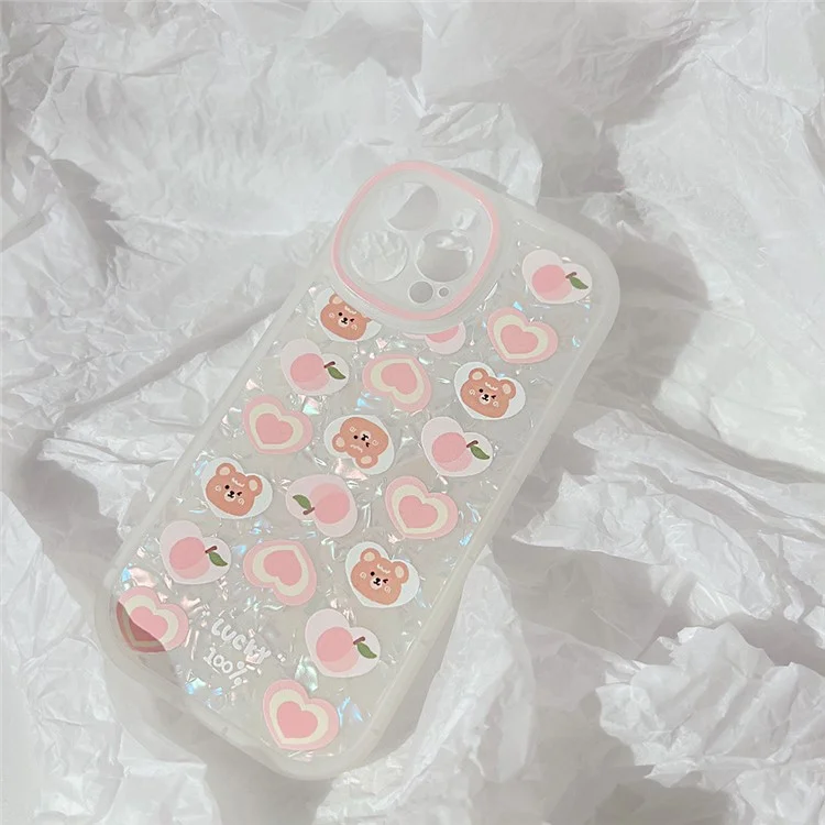For iPhone 13 Pro Dustproof TPU Phone Cover Cute Peach Bear Pattern Decor Phone Shell Case with Pearl Chain