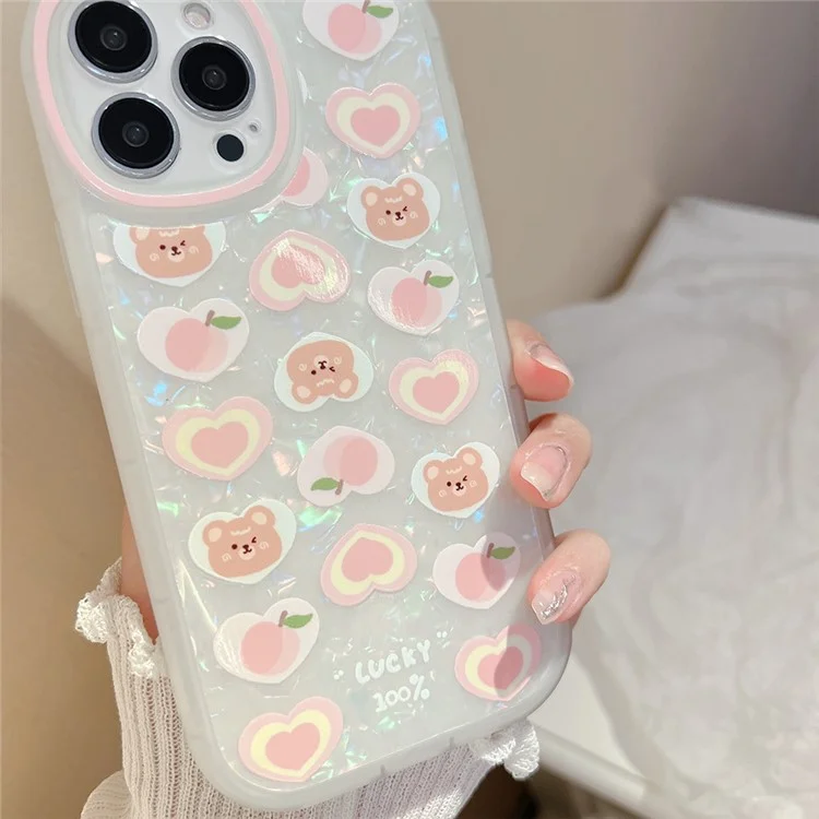 TPU Phone Case For iPhone 14 Pro Max , Peach Bear Pattern Decor Phone Shell Flexible Cover with Pearl Chain