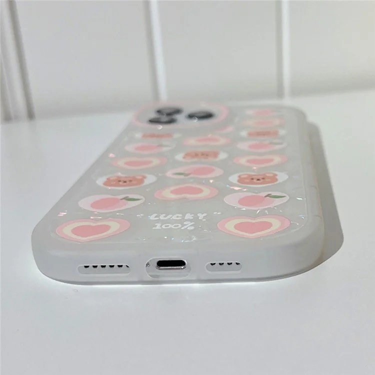 TPU Phone Case For iPhone 14 Pro Max , Peach Bear Pattern Decor Phone Shell Flexible Cover with Pearl Chain