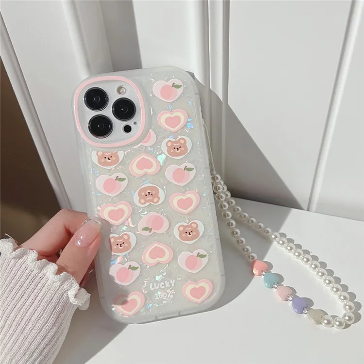 TPU Phone Case For iPhone 14 Pro Max , Peach Bear Pattern Decor Phone Shell Flexible Cover with Pearl Chain