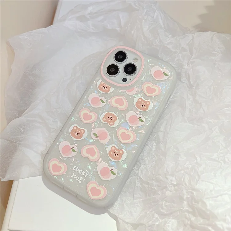 TPU Phone Case For iPhone 14 Pro Max , Peach Bear Pattern Decor Phone Shell Flexible Cover with Pearl Chain