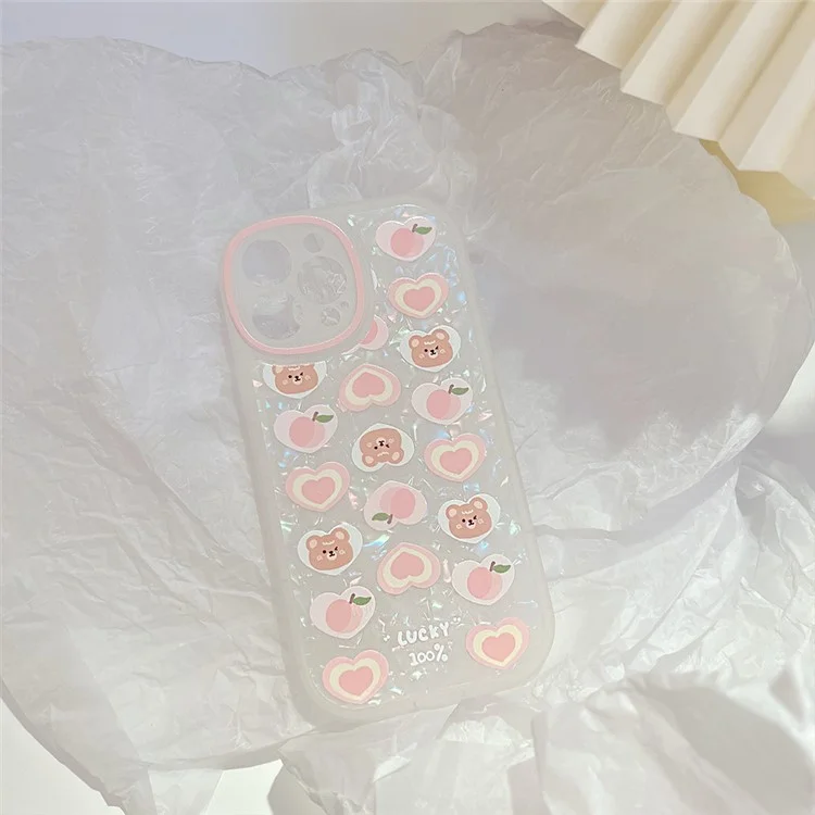 TPU Phone Case For iPhone 14 Pro Max , Peach Bear Pattern Decor Phone Shell Flexible Cover with Pearl Chain