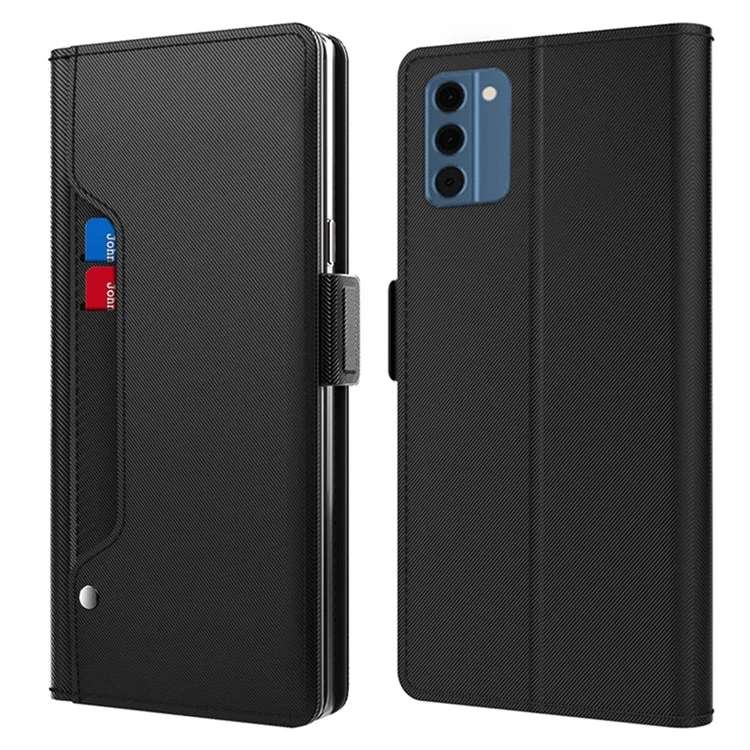 Para Nokia C300 Capa de Telefone de Couro PU com Espelho Embutido Suporte de Telefone com Porta-Cartão - Preto