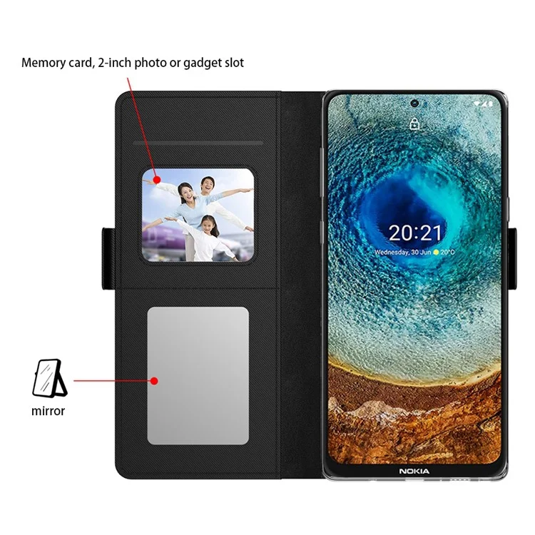 Para Nokia C300 Capa de Telefone de Couro PU com Espelho Embutido Suporte de Telefone com Porta-Cartão - Preto