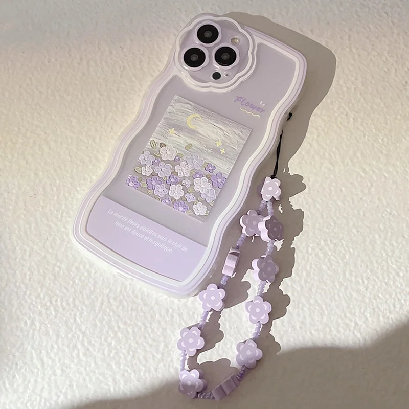 For iPhone 14 Pro Max Phone Cover Oil Painting Pattern Printing Phone Case Shell with Flower Decor Hand Strap