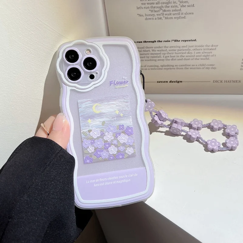 For iPhone 14 Pro Max Phone Cover Oil Painting Pattern Printing Phone Case Shell with Flower Decor Hand Strap