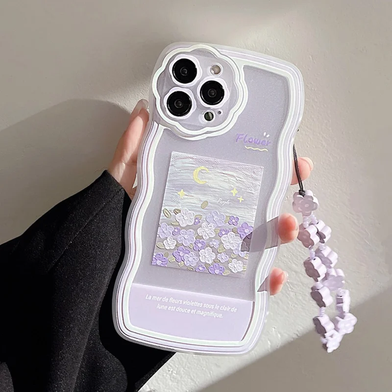 For iPhone 14 Pro Max Phone Cover Oil Painting Pattern Printing Phone Case Shell with Flower Decor Hand Strap