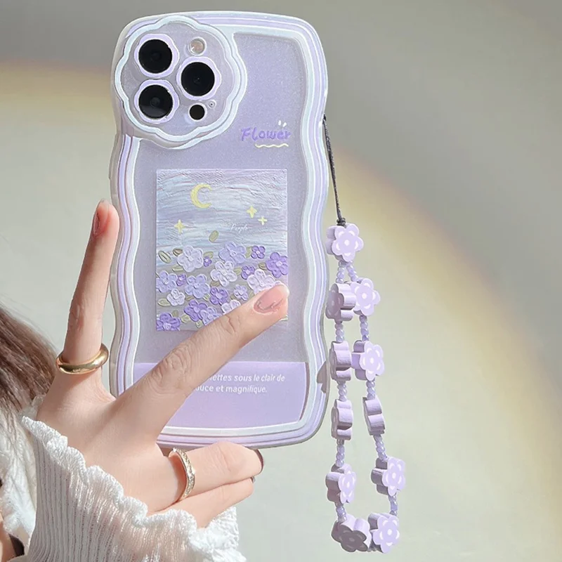 For iPhone 13 Pro Max Anti-Scratch Oil Painting TPU Phone Case Flower Cell Phone Cover with Flower Decor Hand Strap