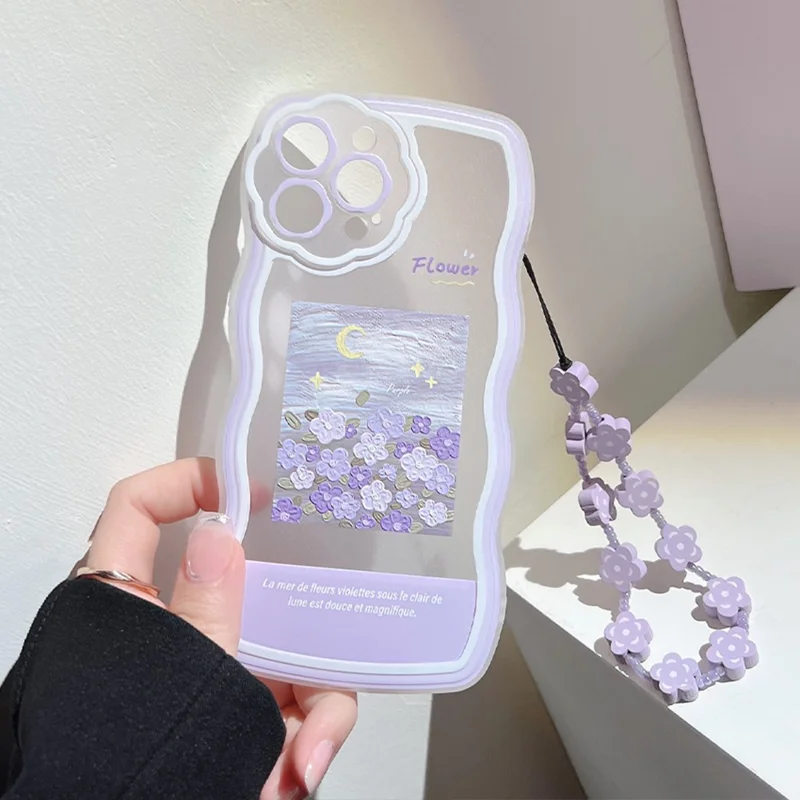 For iPhone 13 Pro Max Anti-Scratch Oil Painting TPU Phone Case Flower Cell Phone Cover with Flower Decor Hand Strap