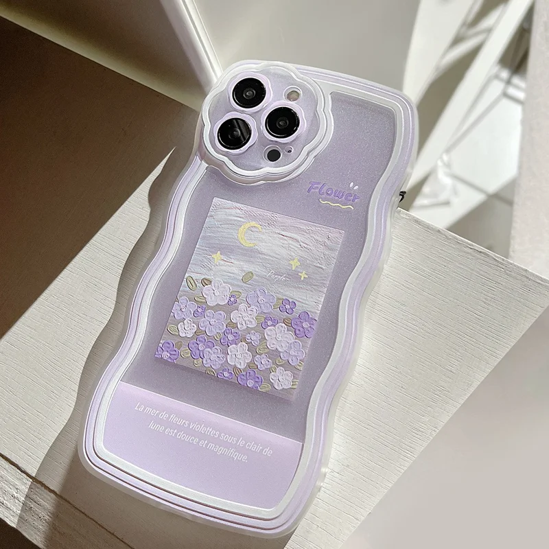 For iPhone 13 Pro Max Anti-Scratch Oil Painting TPU Phone Case Flower Cell Phone Cover with Flower Decor Hand Strap