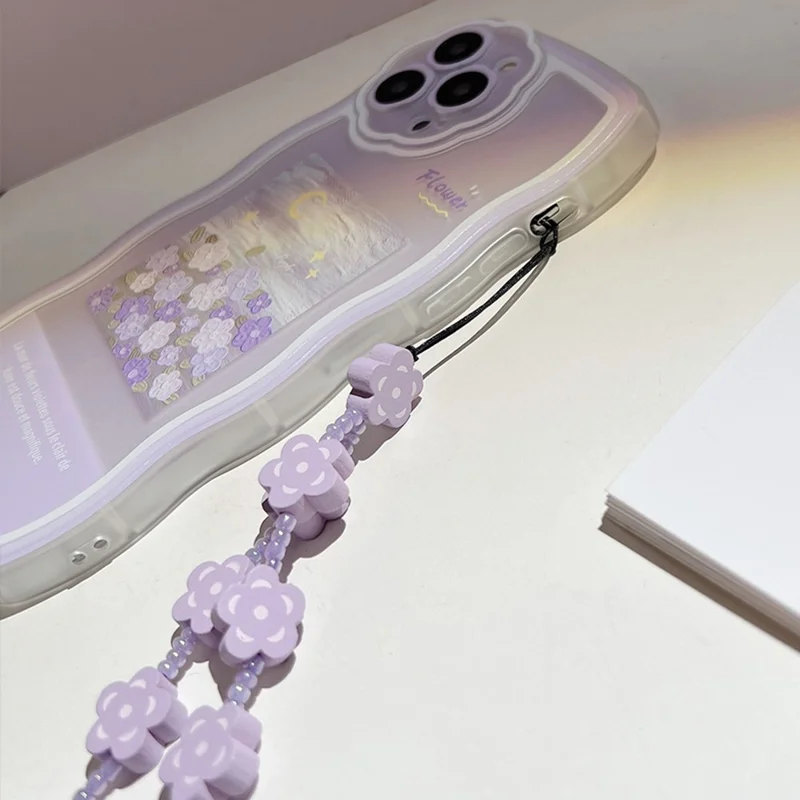 For iPhone 13 Pro Max Anti-Scratch Oil Painting TPU Phone Case Flower Cell Phone Cover with Flower Decor Hand Strap