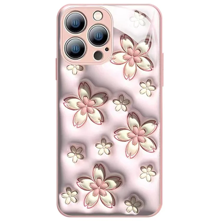 For iPhone 12 Pro 6.1 inch Cherry Blossom Pattern Fall-proof TPU Bumper + Tempered Glass Back Cover - Multiple Cherry Blossom