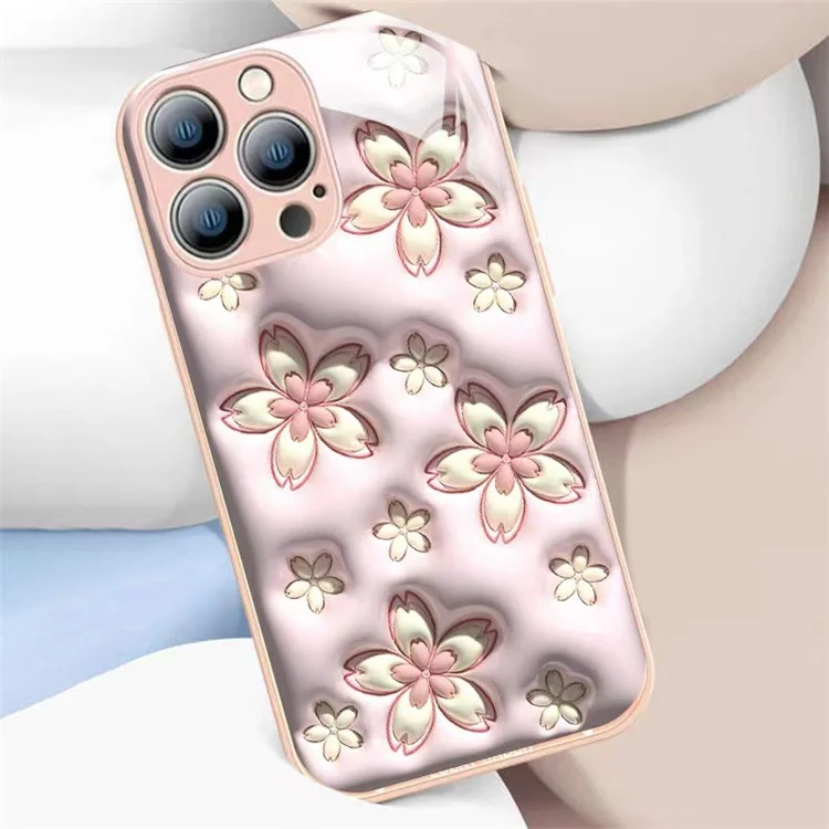 For iPhone 12 Pro 6.1 inch Cherry Blossom Pattern Fall-proof TPU Bumper + Tempered Glass Back Cover - Multiple Cherry Blossom