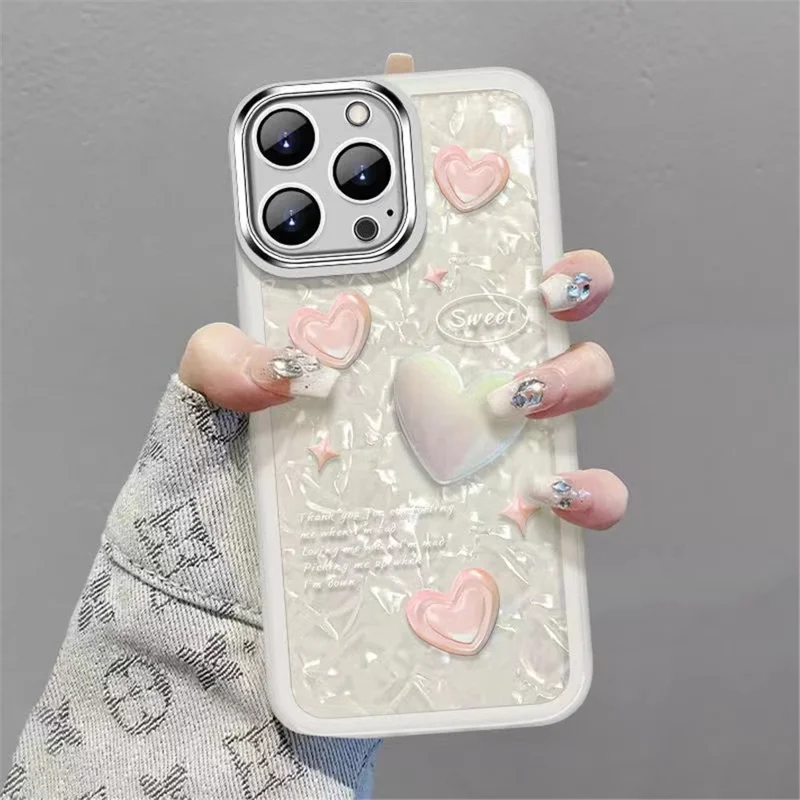 For iPhone 13 Pro Max TPU Phone Case Shockproof Heart Decor Mobile Phone Cover with Hand Strap